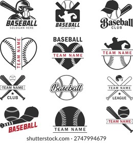 Baseball set Silhouettes design, Baseball Bats and Players Silhouette, Baseball Monogram for Silhouette, Baseball Stitches, Baseballs Logos and Badges Set, Editable Clipart Vector Illustration