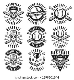 Baseball set of vector black emblems or t shirt prints for apparel design isolated on white background