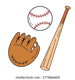 baseball set. wooden baseball bat, catchig glove and baseball ball. vector illustration.