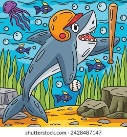 Baseball Shark Colored Cartoon Illustration