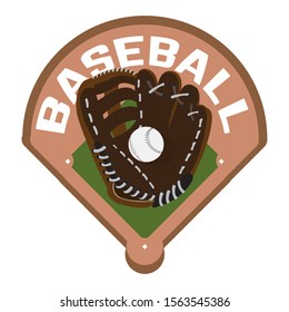 Baseball shield with a field base, glove and ball - Vector illustration