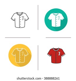 Baseball shirt flat design, linear and color icons set. Sport uniform. Baseball jersey. Contour and long shadow symbol. Baseball shirt logo concepts. Isolated vector illustration. Infographic elements