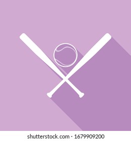 Signo de béisbol. Icono blanco con una larga sombra en fondo morado.  Ilustración.