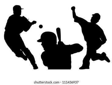 Baseball silhouettes vector illustration showing two different pitchers and one player at bat.