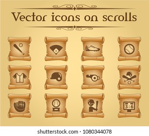 baseball simple vector icons on ancient scrolls