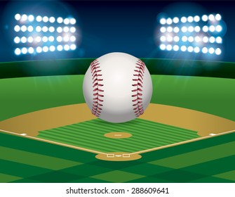 A baseball sitting on a lit baseball stadium field at night. Vector EPS 10 available. EPS file contains transparencies and a gradient mesh.