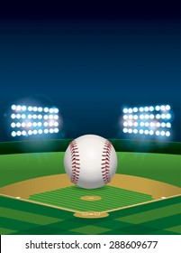 A baseball sitting on a lit baseball stadium field at night. Vertical orientation. Room for copy. Vector EPS 10 available. EPS file contains transparencies and a gradient mesh.