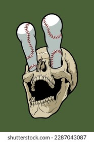 Baseball skull. Baseballs popping out from the skull instead of eyes. Isolated baseball illustration.