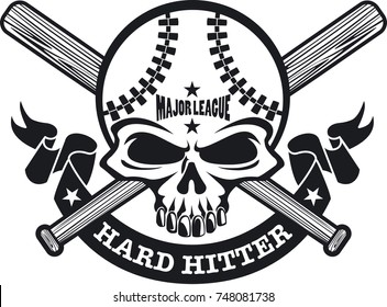 baseball skull with crossed baseball bats and banner