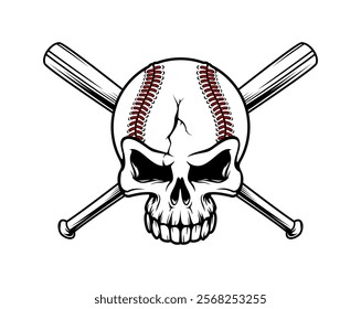 Baseball skull with crossed bats for sport club or team league badge, vector emblem. Skeleton skull as baseball ball with cracks and crossbones of bats for varsity team or college league club mascot