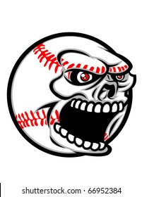 A baseball with a skull face coming out of the side.