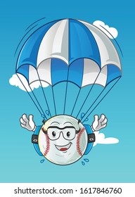 baseball skydiving cartoon with parachutes and glasses. cute chibi cartoon mascot vector