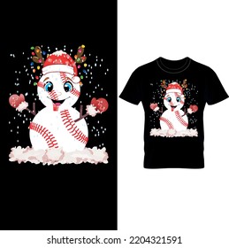  Baseball snowman in christmas hat and deer antlers with many lights playing in the snow-Baseball Design Christmas T-Shirt – Baseball Christmas T-shirt Design,Funny Christmas T Shirt Design. svg