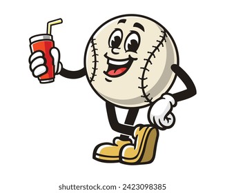 Baseball mit Cocktail-Cartoon-Maskottabild, Vektorklammer, handgezeichnet