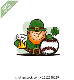 Baseball softball ball happy Saint Patrick's Day theme. Cartoon character with green hat illustration vector logo.
