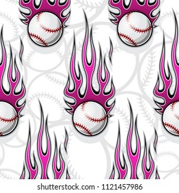 Baseball softball ball seamless pattern with hotrod flame. Printable vector illustration. Ideal for wallpaper packaging fabric textile wrapping paper design and any decoration.