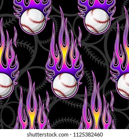 Baseball softball ball seamless pattern with hotrod flame. Printable vector illustration. Ideal for wallpaper packaging fabric textile wrapping paper design and any decoration.