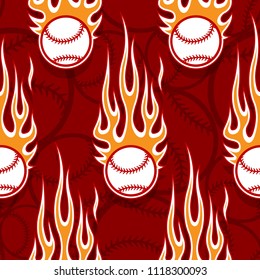 Baseball softball balls printable seamless pattern with hotrod flames. Vector illustration. Ideal for wallpaper packaging fabric textile wrapping paper design and any decoration.