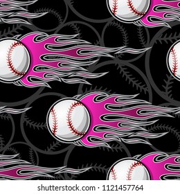 Baseball softball balls printable seamless pattern with hotrod flames. Vector illustration. Ideal for wallpaper packaging fabric textile wrapping paper design and any decoration.