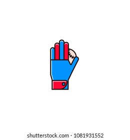 Baseball or softball batting glove with base ball - flat color line icon. Hand wear for sport games in outline design on isolated background.