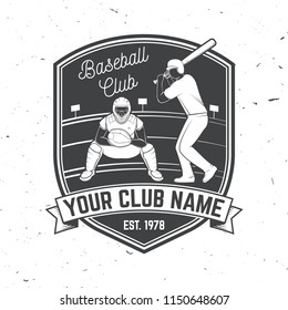 Baseball or softball club badge. Vector illustration. Concept for shirt or logo, print, stamp or tee. Vintage typography design with baseball batter and ball for baseball silhouette.