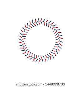 Baseball, softball and hardball seam stitch line in round shape, blue and red lace circle border isolated on white background, American team sport leather ball