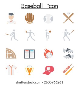 Baseball and softball icon set in flat color style