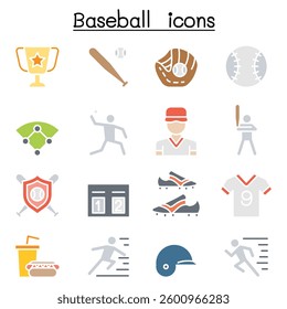 Baseball and softball icon set in flat color style