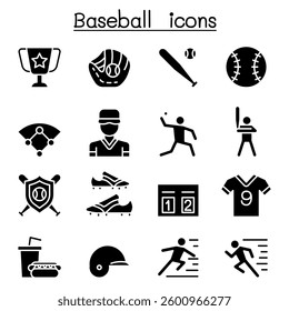 Baseball and softball icon set in glyph style