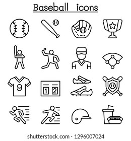 Baseball and softball icon set in thin line style