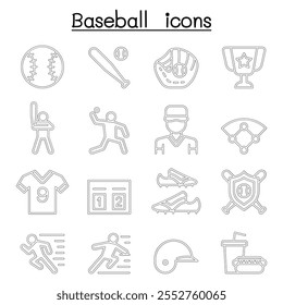 Baseball and softball icon set in thin line style