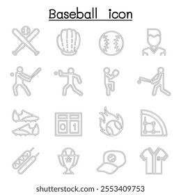 Baseball and softball icon set in thin line style