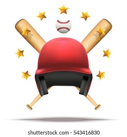 Baseball and Softball label. Ball and helmet with wooden bats. Sporting Symbol and mascot. Vector Illustration Isolated on white background.