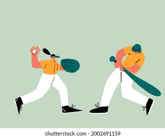 Baseball Softball Player Characters. Young Cheerful Sports Woman Playing Baseball. Flat Design Style Minimal Vector Illustration