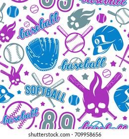 Baseball and softball seamless pattern. Color print on white background