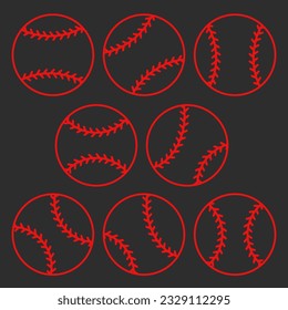 Baseball, softball set. Contour, silhouette of sport game balls. Vector illustration, isolated outlined elements on black background