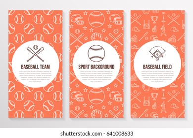 Baseball, softball sport game brochure template, flyer. Vector trifold orange background. Equipment thin line icons - bats, balls, field. Illustration for team poster.