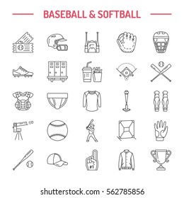 Baseball, softball sport game vector line icons. Ball, bat, field, helmet, pitching machine, catcher mask. Linear signs set, championship pictograms with editable stroke for event, equipment store