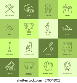 Baseball, softball sport game vector line icons. Ball, bat, field, helmet, pitching machine, catcher mask. Linear signs set, championship pictograms with editable stroke for event, equipment store