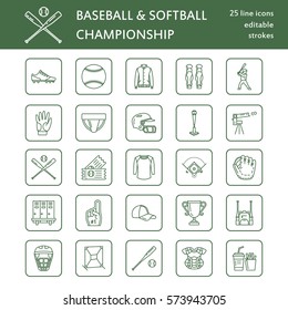 Baseball, Softball Sport Game Vector Line Icons. Ball, Bat, Field, Helmet, Pitching Machine, Catcher Mask. Linear Signs Set, Championship Pictograms With Editable Stroke For Event, Equipment Store
