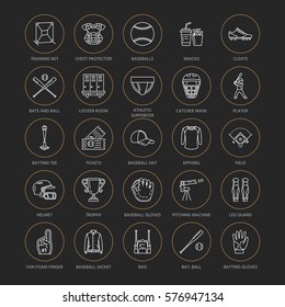Baseball, softball sport game vector line icons. Ball, bat, field, helmet, pitching machine, catcher mask. Linear signs set, championship pictograms with editable stroke for event, equipment store
