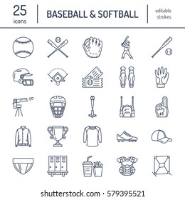 Baseball, softball sport game vector line icons. Ball, bat, field, helmet, pitching machine, catcher mask. Linear signs set, championship pictograms with editable stroke for event, equipment store.