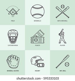 Baseball, softball sport game vector line icons. Ball, bat, field, helmet, pitching machine, catcher mask. Linear signs set, championship pictograms with editable stroke for event, equipment store.