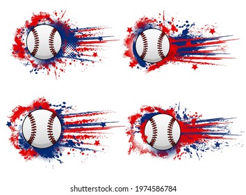 Baseball or softball sport grunge banners. Baseball ball flying with speed, red and blue paint vector splashes, star and halftone. Softball sport team fan club, tournament or championship retro banner