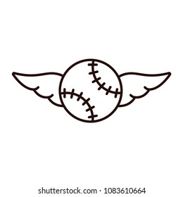 Baseball or softball with wings - line icon on isolated background. Flying ball outline sign, symbol, pictogram, emblem.