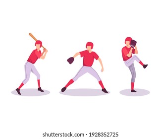 Baseball sport athlete. Man with bat and glove, Baseball players. Men athletes in uniform playing baseball at championship competition, Pitcher throw ball to batter. Vector illustration in flat style