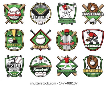 Baseball sport badges with vector players, balls and bats, winner trophy cups and stadium play fields, catcher gloves, helmet and leg guards. Baseball sport team equipment, club emblems design