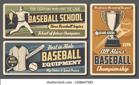 Baseball sport championship and softball professional school or college team club. Vector baseball players, sport equipment store, champion winner tournament cup and batter with bat on field