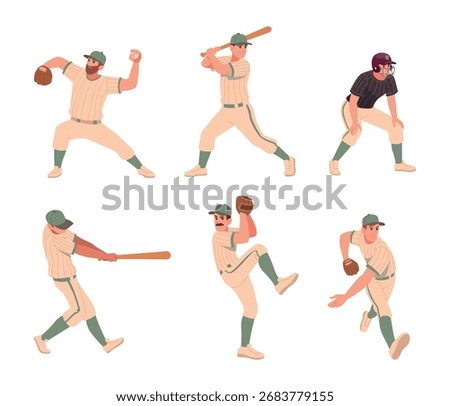 Baseball. Sport characters in action poses. Professional baseball players exact vector illustrations