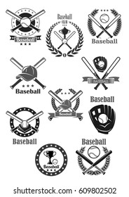 Baseball sport club badges. Vector icons of baseball glove, pin bat and ballplayer cap for championship victory award symbols. Winner cup goblet and ribbon or laurel wreath with crown and stars.